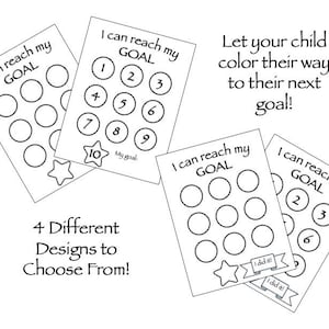May include: Four white goal tracker cards with the text "I can reach my GOAL" and circles for colouring. The cards also include the text "Let your child colour their way to their next goal!" and "4 Different Designs to Choose From!"
