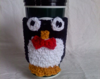 Crochet Penguin Travel Mug Cozy - Bowtie Coffee Cup Sleeve