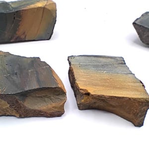 May include: Four pieces of raw tiger's eye stone are displayed against a white background. The stones have a layered appearance with bands of brown, gold, and blue-gray colors. The rough texture and natural shapes are visible.
