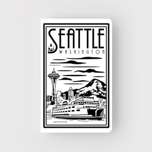 Peut inclure: Illustration en noir et blanc de l'horizon de Seattle avec la Space Needle, un ferry et le mont Rainier. Le texte "Seattle Washington" est en haut de l'image.