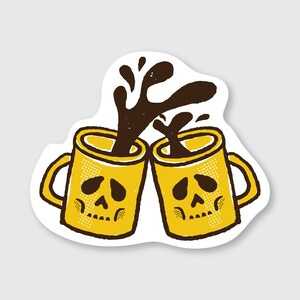 May include: Two yellow coffee mugs with skull faces clinking together, spilling brown coffee. The mugs have a white outline and a dotted pattern.
