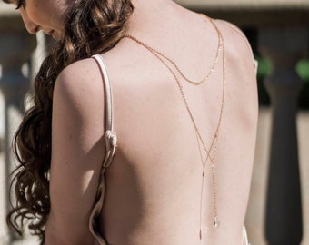 Gold Crystal Pearl Back Drop Necklace, Rose Gold Back Jewelry, Silver Draped Back Chain, Minimalist Modern Bridal Neck Chain, ISABELLA