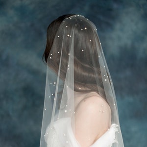 Pearl Wedding Veil, Ivory Bridal Veil, Polka Dot Veil, TulleVeil, Scattered Pearl Veil, Raw Cut Veil, Modern Veil, Single Tier Veil, AMANIE afbeelding 1