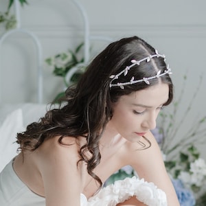 Silver Pearl Leaf Double Bridal Headband for Weddings, Simple Gold Hairband with Leaves and Pearls, Rose Gold Boho Hair Accessory, WILLOW image 1