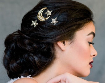 Silver Celestial Hair Pins, Modern Bridal Hair Pin Set, Crystal Moon Headpiece, Gold Star Hairpins, Rose Gold Starburst Bobby Pins, MERITT
