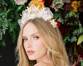 Large Gold Flower Crown, Halo Bridal Tiara, Golden Leaf Headband, Vintage Boho Crown, Ivory Floral Headpiece, Wedding Hairpiece, JOSEFINA