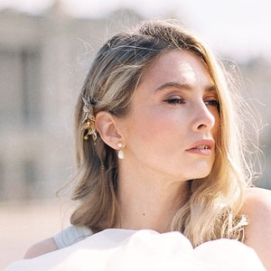 Teardrop Pearl Bridal Earrings, Double Pearl Drop Studs: JESS