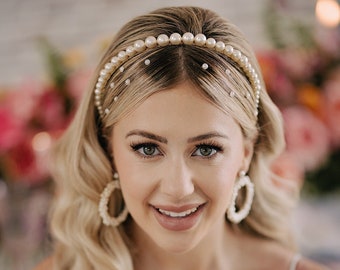 Large Ivory & Gold Pearl Headband, Beaded Pearl Hairband, Silver Bridal Hairpiece, Rose Gold White Wedding Crown, Minimalist Bride, PAULA