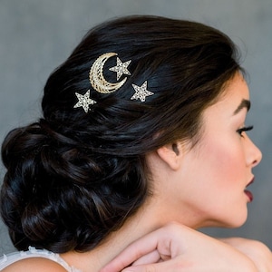 Gold Moon Hair Pin, Silver Star Hair Pins, Rose Gold Galaxy Hairpins, Celestial Hair Accessory, Crystal Bridal Headpiece, Lunar Pin, MERITT