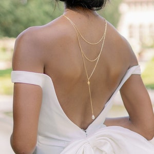 Gold Back Necklace with Pearl Pendant, Long Silver Back Drop Necklace, Rose Gold Body Jewelry Back Chain, Wedding Dress Accessories, JUNE