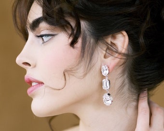 Large Crystal Teardrop Earrings for Bride, Long Silver Pear Dangle Wedding Earrings. Modern Statement Rhinestone Bridal Earrings, HEATHER