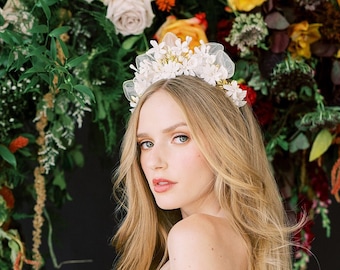 Large Gold Flower Crown, Halo Bridal Tiara, Golden Leaf Headband, Vintage Boho Crown, Ivory Floral Headpiece, Wedding Hairpiece, JOSEFINA