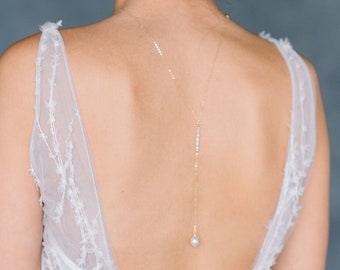 Gold Pearl Back Drop Necklace: Silver Bridal Back Chain - AMIE