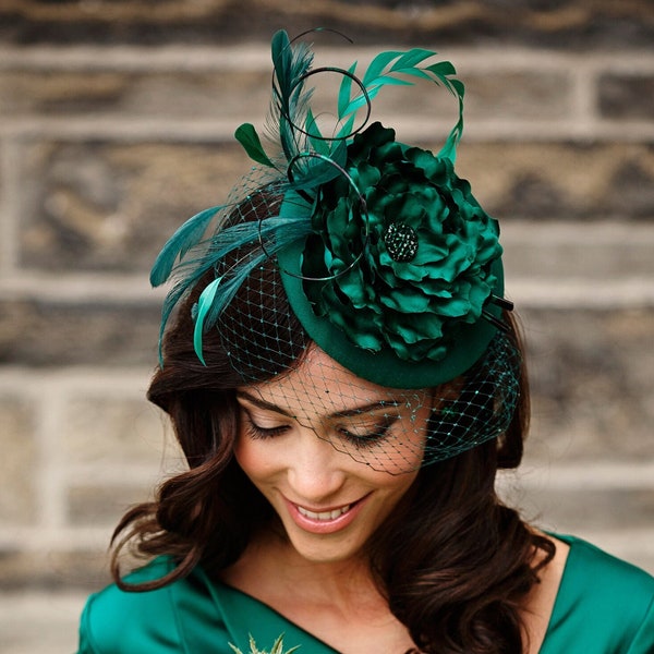 Emerald Green Fascinator, Feather Hairpiece, High Tea Headpiece, Wedding Birdcage Veil, Black Cocktail Hat, Ivory Bridal Hat, KATHARINE