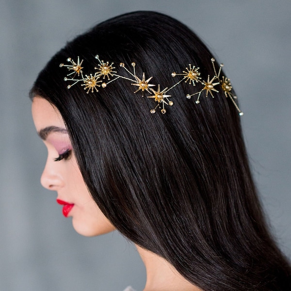 Gold Celestial Hair Vine, Modern Bridal Star Headpiece, Art Deco Hair Accessory, Rose Gold Starburst Crown, Silver Pearl Hairvine, AURORE