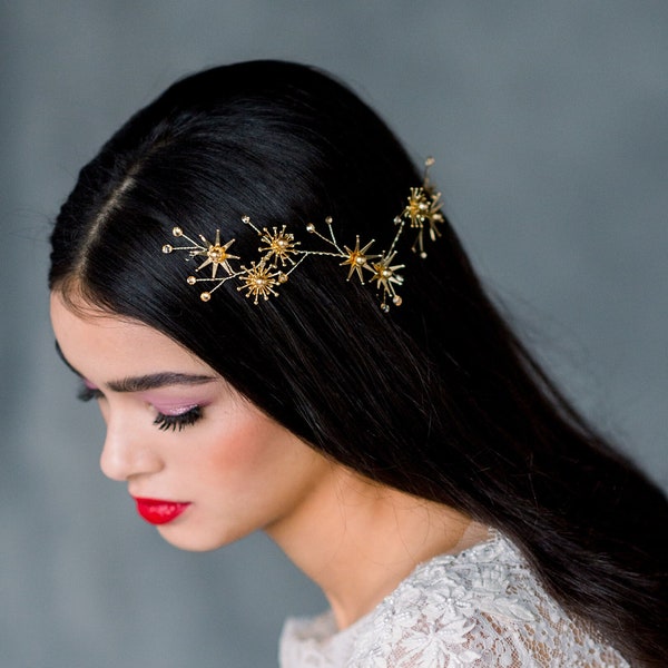 Silver Starburst Headpiece, Gold Star Crown, Rose Gold Celestial Hair Vine, Modern Bridal Hair Piece, Wedding Hair Accessory, AURORE
