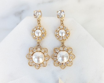 Gold Crystal & Pearl Drop Earrings, Rhinestone Bridal Earrings, Filigree Art Deco Inspired Wedding Jewelry, Chandelier Earrings, HYACINTH