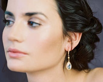 Rose Gold Pear Drop Earrings, Gold Crystal Teardrop Bridal Earrings, Rhinestone Wedding Earrings, Modern Silver Bridal Earrings, ELEENA