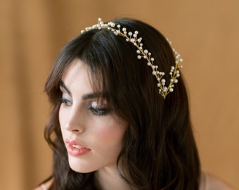 White Pearl Bridal Headband for Weddings, Gold Double Hairband with Pearls, Beaded Handwired Round Pearl Coronet Headpiece For Bride,  NINA