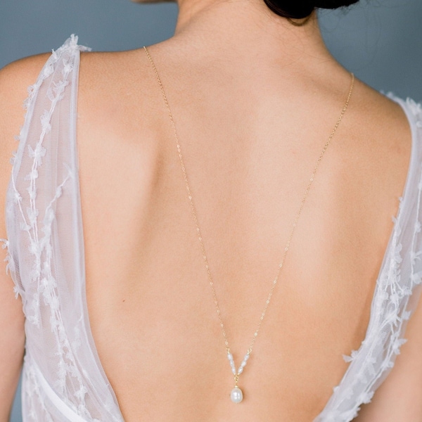 Gold Pearl Back Necklace, Backdrop Bridal Necklace, Wedding Dress Jewelry, Simple Pearl Choker, Minimalist Back Hanging Necklace, CAMILLE