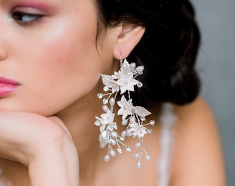Oversized Flower Statement Earrings, White Floral Bridal Earrings, Long Silver Vine Earrings, Gold Modern Crystal Dangle Earrings, FLORETTA