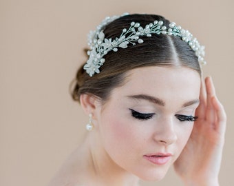 Diadema nupcial doble de inspiración vintage plateada con perlas de agua dulce. Diadema de vid dorada con flor de arcilla, tiara de boda con hojas, GRAYSON