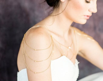Gold Pearl Bridal Shoulder Necklace: Silver Wedding Body Jewelry - GINESSA