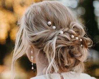 Goldene Perlen-Haarnadeln, minimalistisches Braut-Haarnadel-Set, modernes Hochzeits-Haarteil, schlichtes Perlen-Haar-Accessoire, silberner Boho-Kopfschmuck, ASHTON