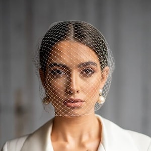 Pearl Birdcage Veil with Pearls, French Veiling Wedding Veil, Mini Ivory Bridal Veil, Vintage Style Art Deco Veil, Bandeau Veil - SMITH