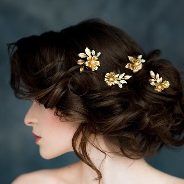 Gold Flower Hair Pin, Hair Pin Set, Silver Headpiece, Crystal Hair Piece, Leaf Hairpin, Bridal Twig Hair Pins, Floral Hair Accessory, BIANCA