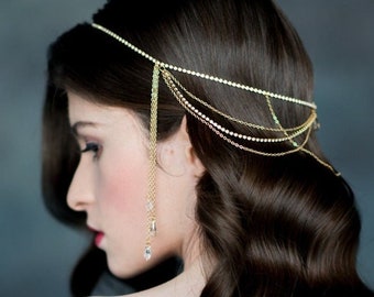 Gold Crystal Hair Chain, Bridal Headchain, Crystal Hair Chain, Silver Headpiece, Silver Hairchain, Opal headpiece, Medieval Headpiece LIZA