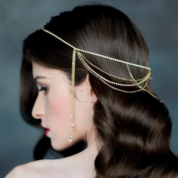 Gold Crystal Hair Chain, Bridal Headchain, Crystal Hair Chain, Silver Headpiece, Silver Hairchain, Opal headpiece, Medieval Headpiece LIZA