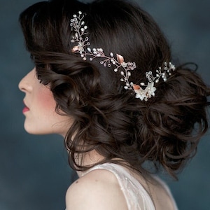 Rose Gold Flower Pearl Bridal Hair Vine, Long Gold Crystal Headpiece for Boho Bride, Silver Floral Leaf Hair Accessory for Weddings, ETTA image 1