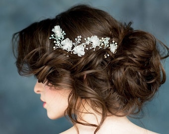 Silk Flower Silver Bridal Hair Vine, Long Ivory Wedding Headpiece, Short Gold Bridal Hair Pin, Delicate Small Flower Boho Hairpiece, LUCILLA