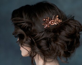 Antique Rose Gold Flower Hair Comb, Bridal Hair Comb, Copper Headpiece, Gold Bridal Hairpiece, Silver Wedding Accessory, Leaf Hair Comb ELSA