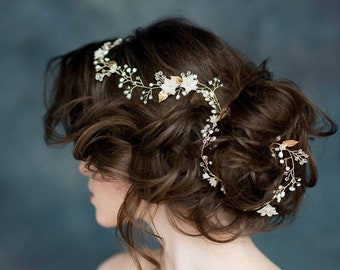 Gold Bridal Hair Vine, Silver Flower Headpiece, Rose Gold Bridal Crown, Extra Long Wedding Hair Vine, Freshwater Pearl Headpiece, PANDORA