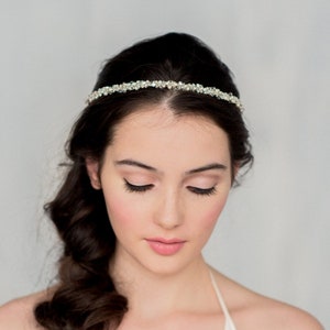 Crystal Pearl Headband, Bridal Crown, Wedding Headpiece, Classic Hair Jewelry, Silver Beaded Halo for Bride, Dainty Hair Circlet, MARJOIRE