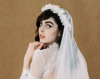 Silk Flower Juliet Cap Wedding Veil, Floral Vintage Inspired Bridal Veil: BEVERLY
