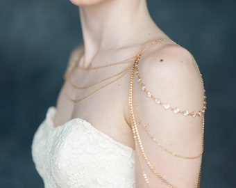 Rose Gold Shoulder Necklace, Crystal Shoulder Chain, Rhinestone Bridal Statement Necklace, Bridal Body Jewelry, Modern Bodychain INDIGO
