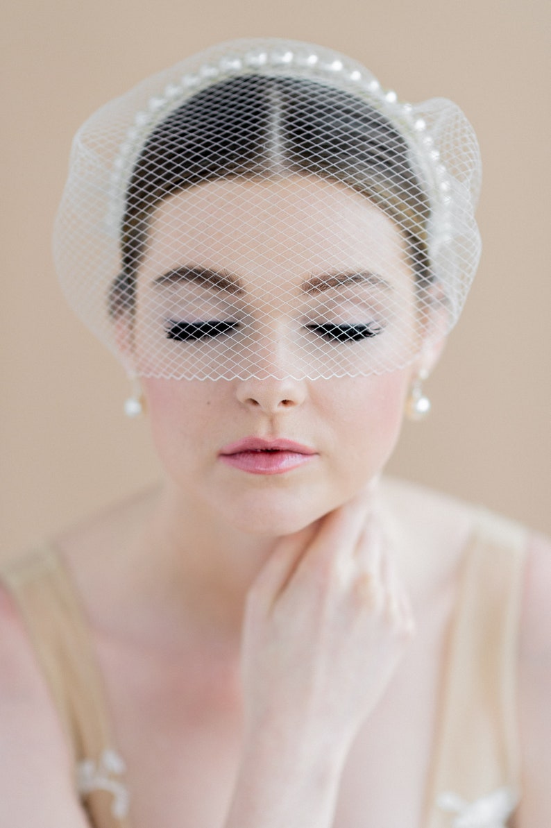 Ivory Birdcage Veil Pearl Headband White Bridal Veil Mini Etsy