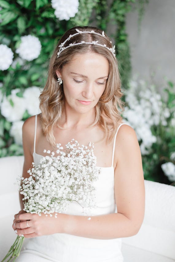 Double band pearl and silver Wedding Head Band PETRA | A Crystal and Pearl Beaded Bridal Double Headband  main image 2