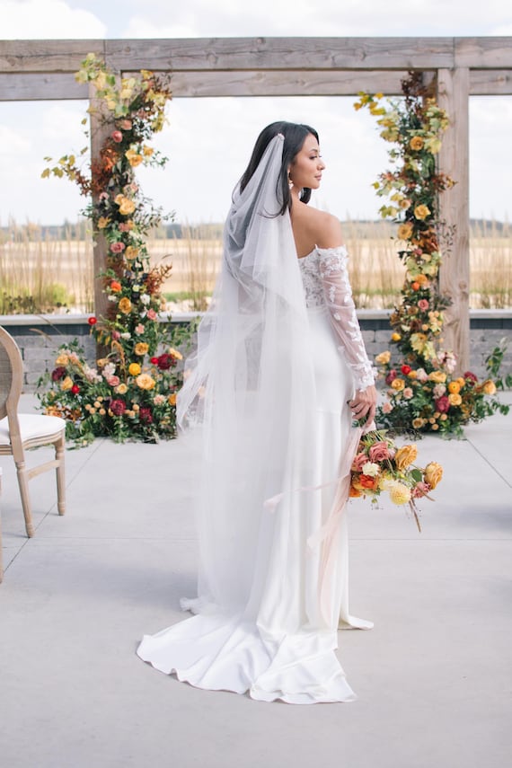 Draped Wedding Veil With Pearl and Crystal Combs: Two Tier  display picture 2