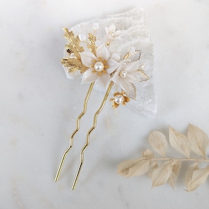 Gold White Flower Hair Pin, Leaf Wedding Hair Clip, Ivory Porcelain Clay Hairpin, Romantic Hair Accessory, Hair Comb for Bridal Updo, NEESA Ivory/White Opal