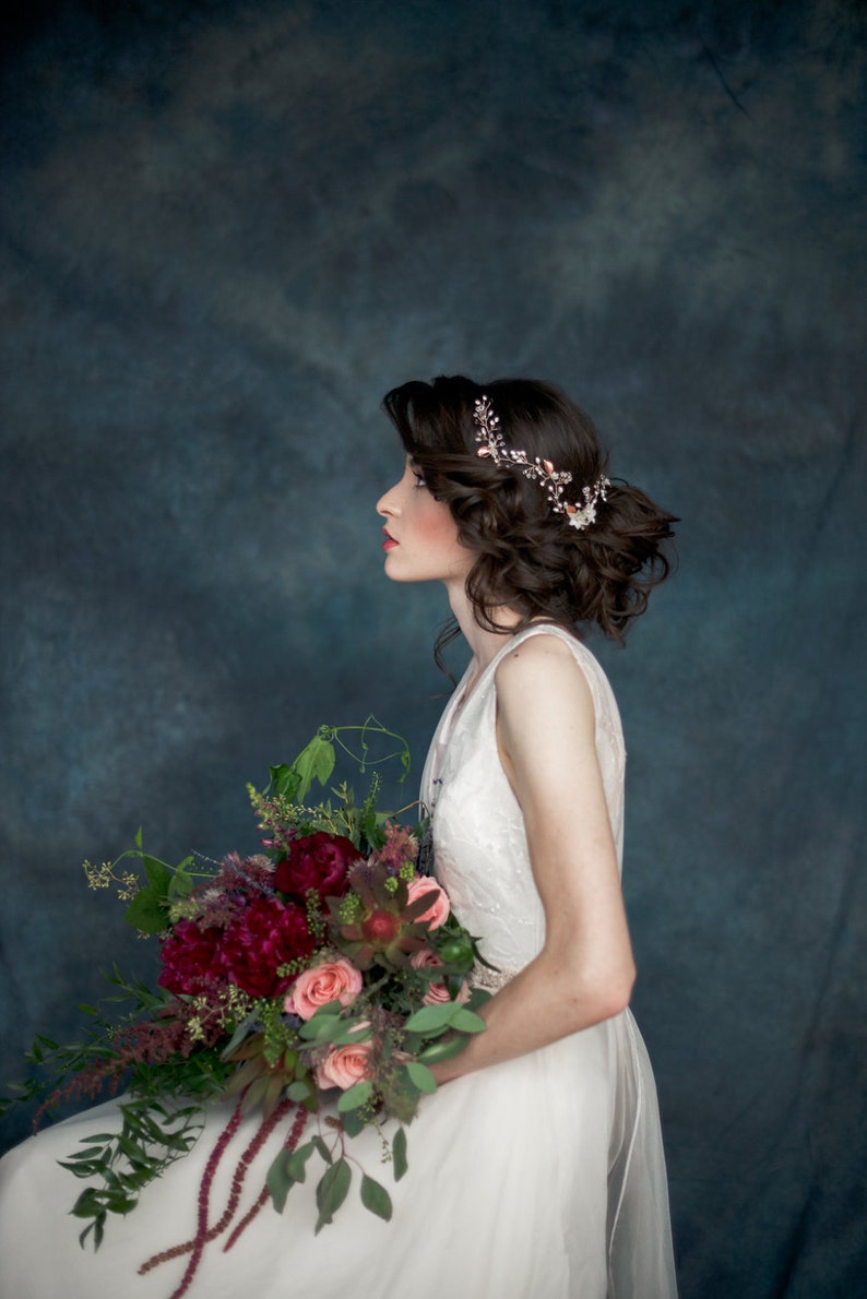 Rose Gold Flower Pearl Bridal Hair Vine, Long Gold Crystal Headpiece for Boho Bride, Silver Floral Leaf Hair Accessory for Weddings, ETTA image 3