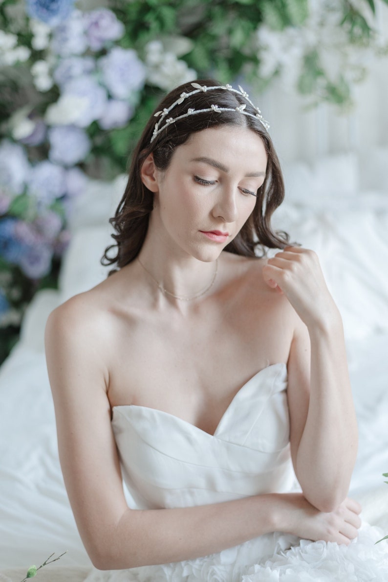 Silver Pearl Leaf Double Bridal Headband for Weddings, Simple Gold Hairband with Leaves and Pearls, Rose Gold Boho Hair Accessory, WILLOW image 2