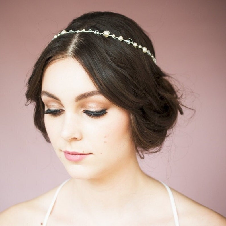 Pearl Crystal Crown, Bridal Headband, Silver Hairband, Gold Headpiece, Simple Hair Vine, Rose Gold Hairpiece, Crystal Head Band, CHRISTIE image 2