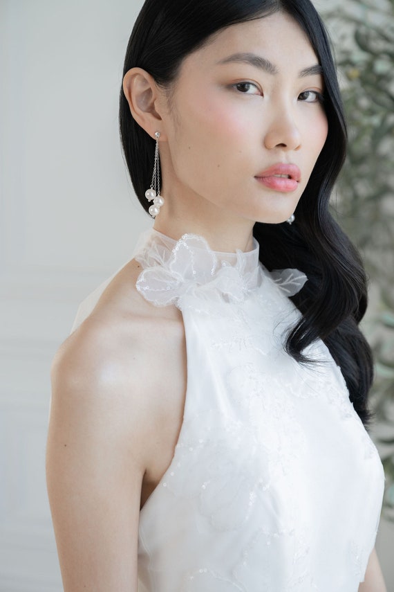 Gold Chain Pearl Drop Earrings: Silver Crystal Stud Bridal Earrings for Weddings - CAROLE