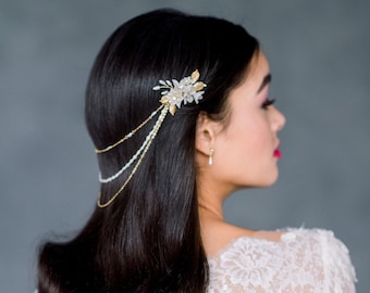 Goldene Blumen-Haarkette, Perlen-Boho-Kopfschmuck, silberne Braut-Kopfkette, roségoldener Blatt-Haarschmuck, Vintage-Hochzeit, drapierte Kette, MONIQUE