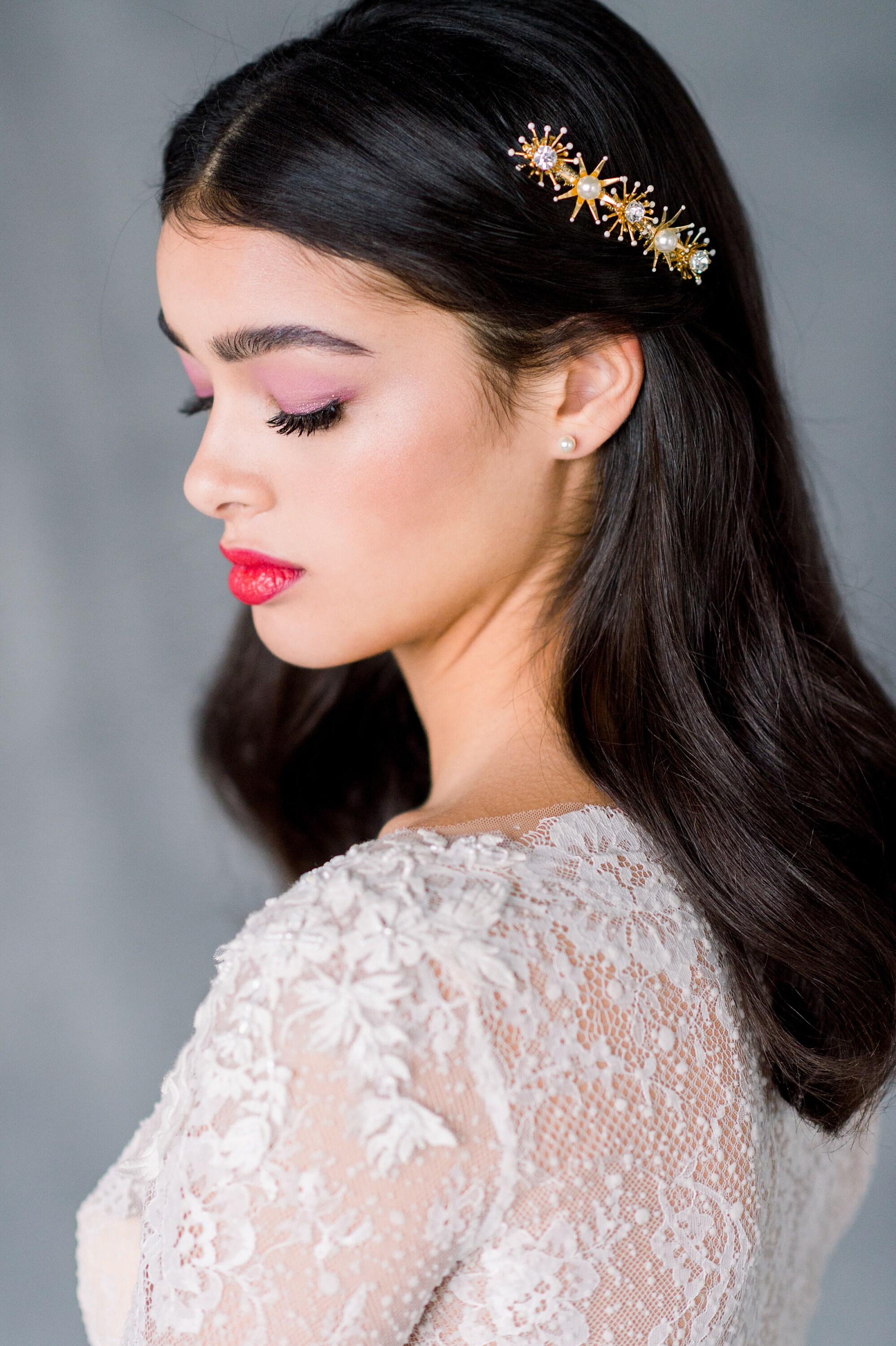 Silver Crystal Pearl Bridal Hair Comb Wedding Headpiece Starburst Rhinestone Silver Celestial Star Wedding Hair Comb: Starburst Pearl  main image 3