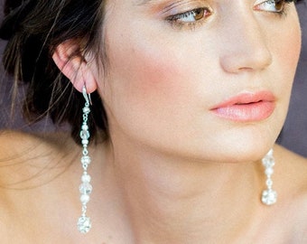 Silver Crystal Drop Extra Long  Earrings, Modern Bridal Jewelry, Gold Beaded Dangle Earrings, Shoulder Grazing Duster Earrings, FELICITA